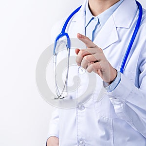 Female doctor body part with hand gesture, young woman physician with stethoscope  on white background, close up, cropped