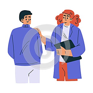 Female Doctor Character as Professional Hospital Worker Talk wo Male Patient Vector Illustration