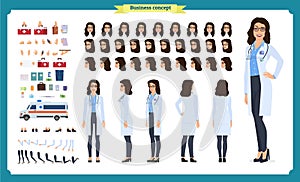 Female doctor character creation set.Front, side, back view animated character.Doctor character creation set with various views photo