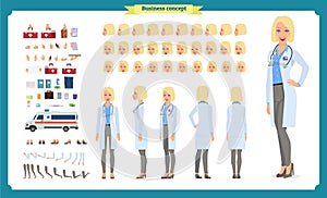 Female doctor character creation set.Front, side, back view animated character.Doctor character creation set with various views
