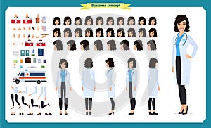 Female doctor character creation set. Full length, different views, emotions, gestures. isolated vector design.Cartoon flat-style