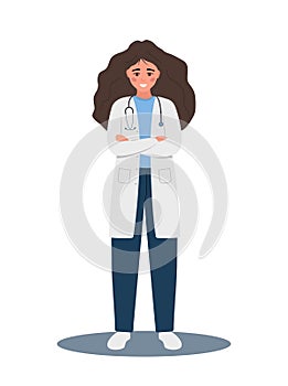 Female doctor character. Woman in medical uniform and stethoscope with hands crossed. Smiling therapist or paramedic