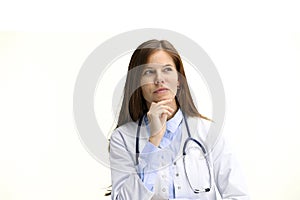 Female doctor, close-up, on a white background, thinking