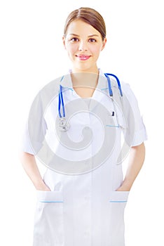 Female doctor with cute smile isolated on white