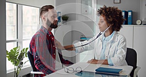 Female doctor examining patient heart beat with stethoscope in office.