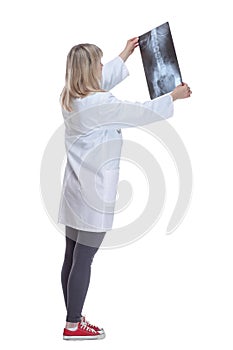 female doctor examining an x-ray . isolated on a white background.