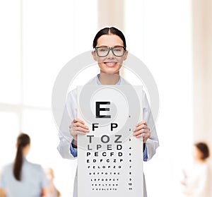 Female doctor in eyeglasses with eye chart