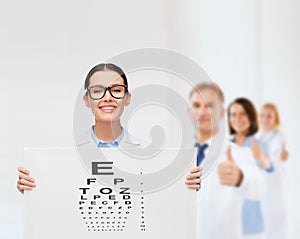 Female doctor in eyeglasses with eye chart