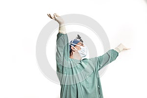 Female doctor face wearing protective mask and green surgeon cap closeup isolated on white background. Save patient life