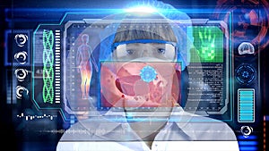 Female Doctor with futuristic hud screen tablet. Bacteria, virus, microbe. Medical concept of the future