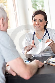 Female doctor giving prescription to patient