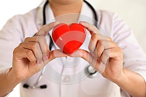 Female doctor hands holding a beautiful red heart shape photo