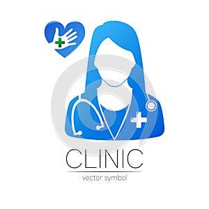 Female doctor and heart with hand vector logotype. Medicine identity and concept. Logo for clinic, medical, pharmacy