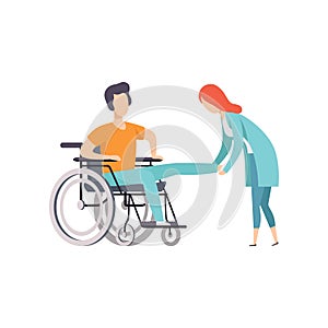 Female doctor helping woman sitting on wheelchair, medical rehabilitation, physical therapy activity cartoon vector