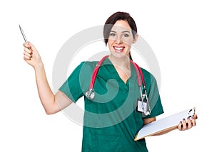 Female doctor hold with report and pen point up