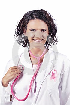 Female doctor holding breast cancer ribbon
