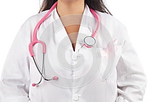 Female doctor holding breast cancer ribbon