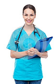 Female doctor holding a clipboard