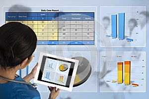 Female doctor holding digital tablet showing results of epidemiological analysis