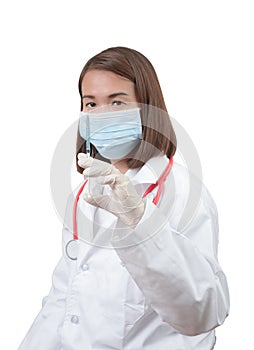 Female Doctor holding medical injection syringe and stethoscope