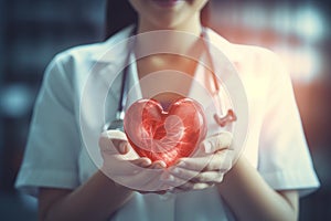 Female doctor holding a red heart with generative AI technology