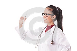Female doctor holding syringe with injection.