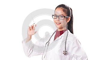 Female doctor holding syringe with injection.