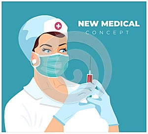 Female doctor holding a syringe with an injection vector illustration. Prevention of virus disease. Nurse doing COVID-19 vaccinati