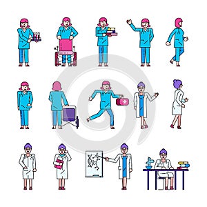 Female doctor and hospital nurse student vector illustration, medical line woman character in blue uniform set isolated