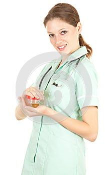 Female doctor keeping urine to analysis