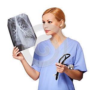 Female doctor looking at chest X-ray isolated