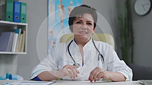 Female doctor make online video call consult patient. Medical assistant therapist videoconferencing. Web camera view