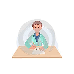 Female doctor in medical coats writing a medical report. Flat Vector cartoon character illustration