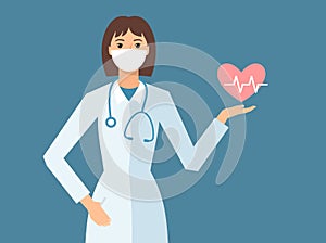 Female doctor with medical face mask holding symbol of heart