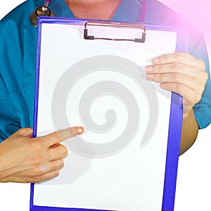 Female doctor in medical gown holding health card on notepad folder, isolated on white background. Healthcare personnel medicine