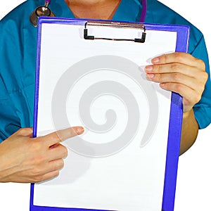 Female doctor in medical gown holding health card on notepad folder, isolated on white background. Healthcare personnel medicine