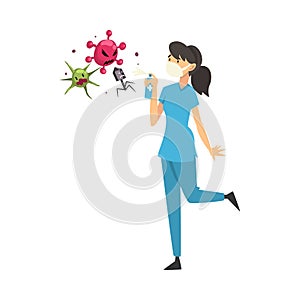 Female doctor in medical mask kills viruses with balloon cartoon vector illustration