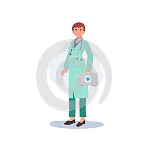 A female doctor in a medical uniform. woman doctor with first aid kit. Flat vector illustration