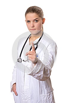 Female doctor with moral pointing finger