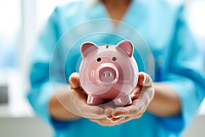 Female doctor or nurse in blue uniform holding pink piggy bank in clinic close up. Life and health insurance