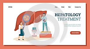 Female doctor and nurse examine liver with hepatitis disease, landing page template - flat vector illustration.