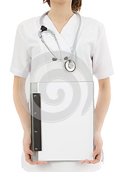 Female doctor or nurse showing clipboard with copy space