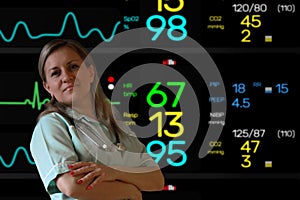 Female doctor or nurse stay in uniform with stethoscope and looks at camera smiling. Electrocardiogram screen monitor softly