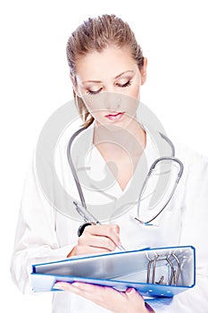 Female doctor with papers and stethoscope