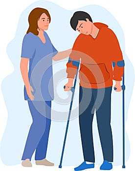 Female doctor physical therapist helping male patient on crutches. A nurse helps a man with crutches to walk. Healthcare