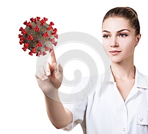 Female doctor point by finger viral cell coronavirus.