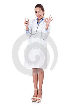 Female doctor pointing at a stethoscope in the hands