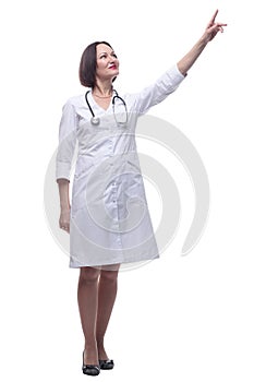 female doctor pointing at a white screen . isolated on a white background.