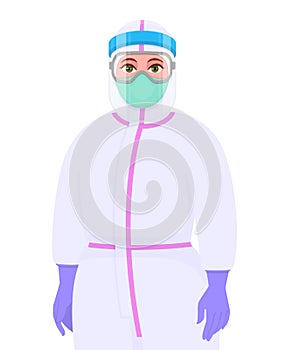 Female doctor in PPE suit wearing medical mask, face shield and eyeglasses. Safety clothing for prevent corona virus. Surgeon