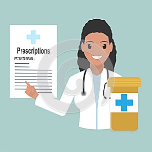 Female doctor with Prescriptions and pills icon